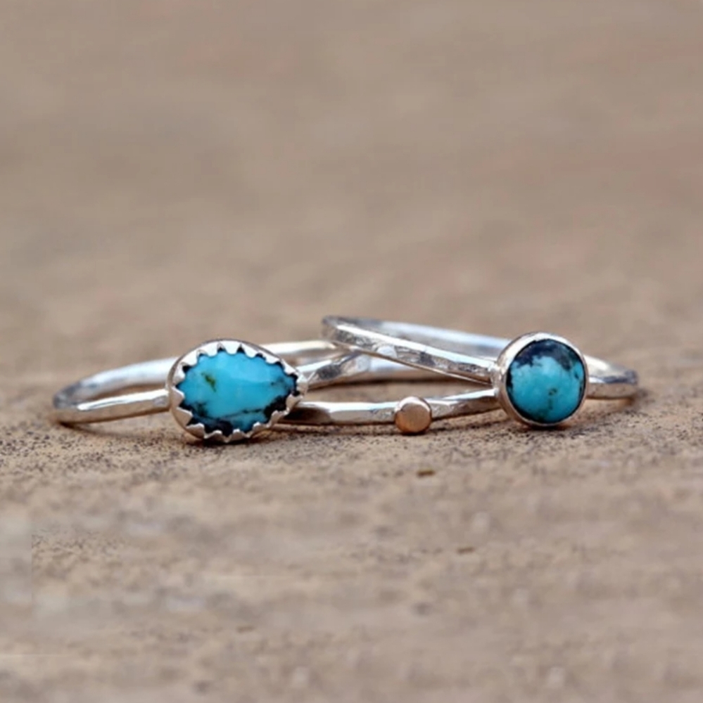 Stacking 3 Ring Set Vintage Silver Blue Stone - Picture 2 of 8